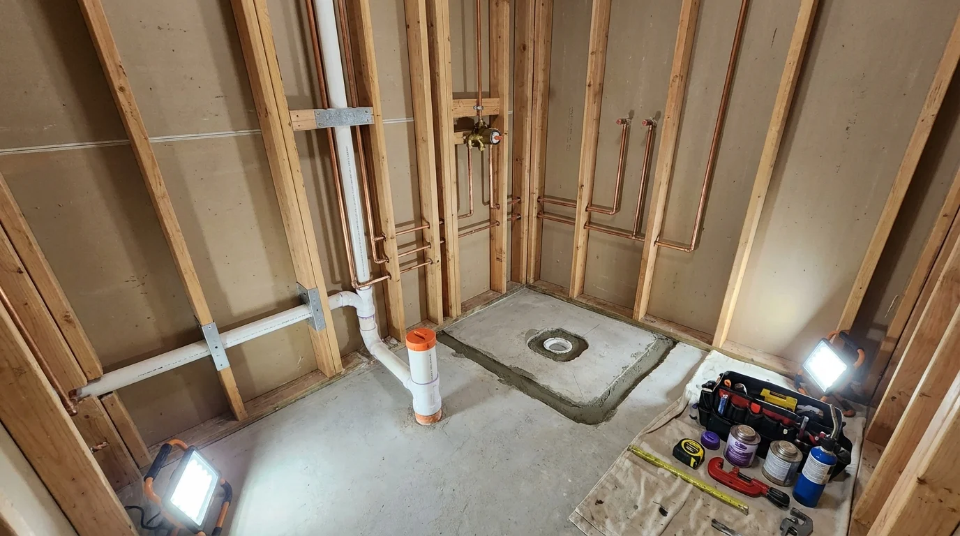 Bathroom rough-in plumbing during remodel by Johns Plumbing LLC in Virden