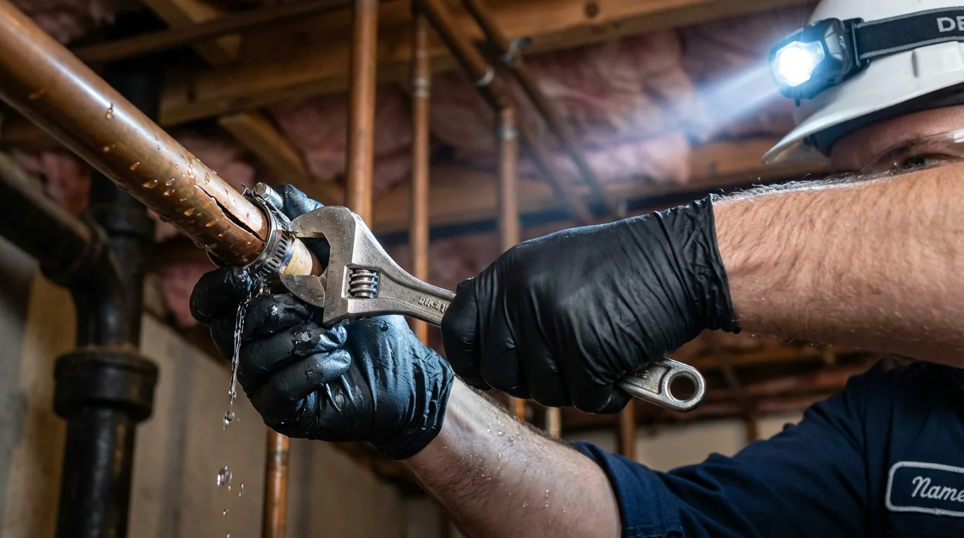 Emergency pipe clamp repair being performed by a Johns Plumbing LLC plumber in Virden