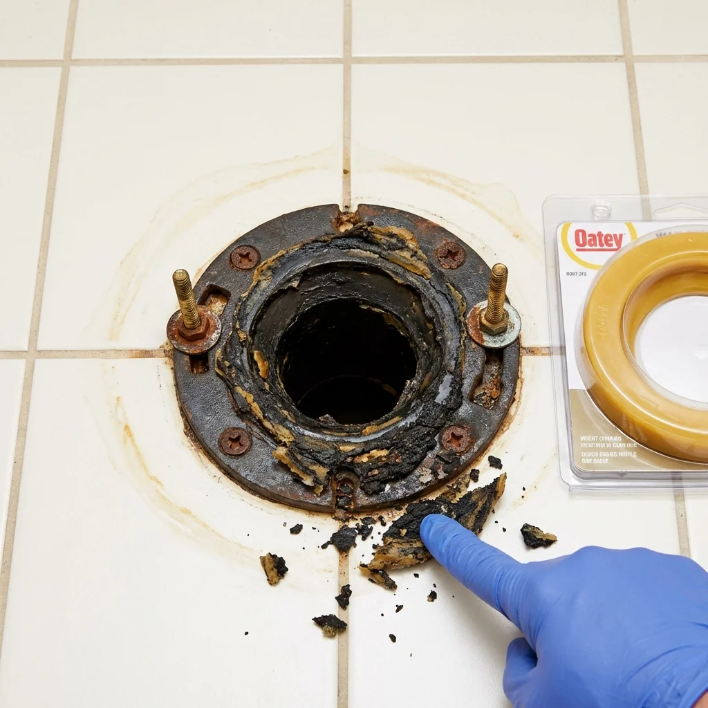 Failed wax ring showing water seepage at the base of a toilet in a Virden, IL home