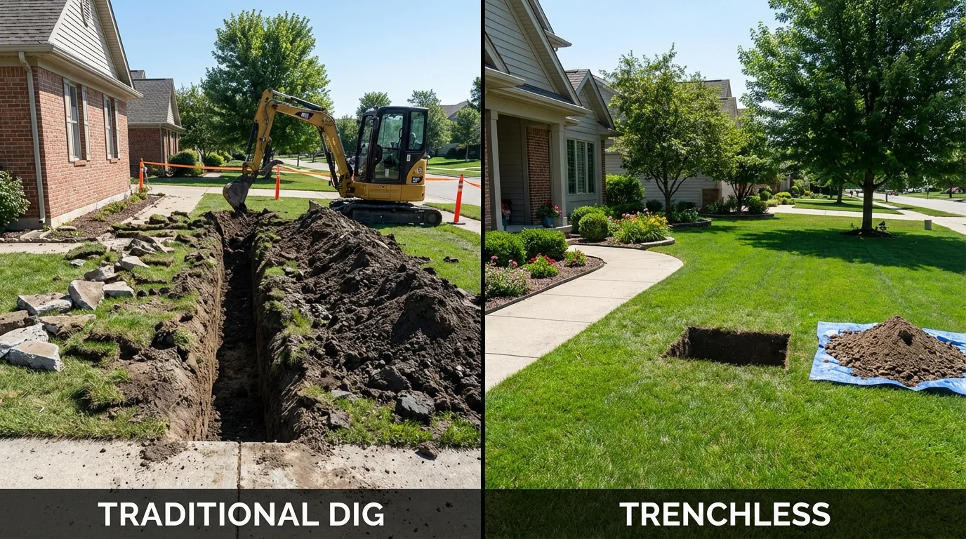 Trenchless sewer repair with minimal yard damage versus traditional excavation in Virden, IL