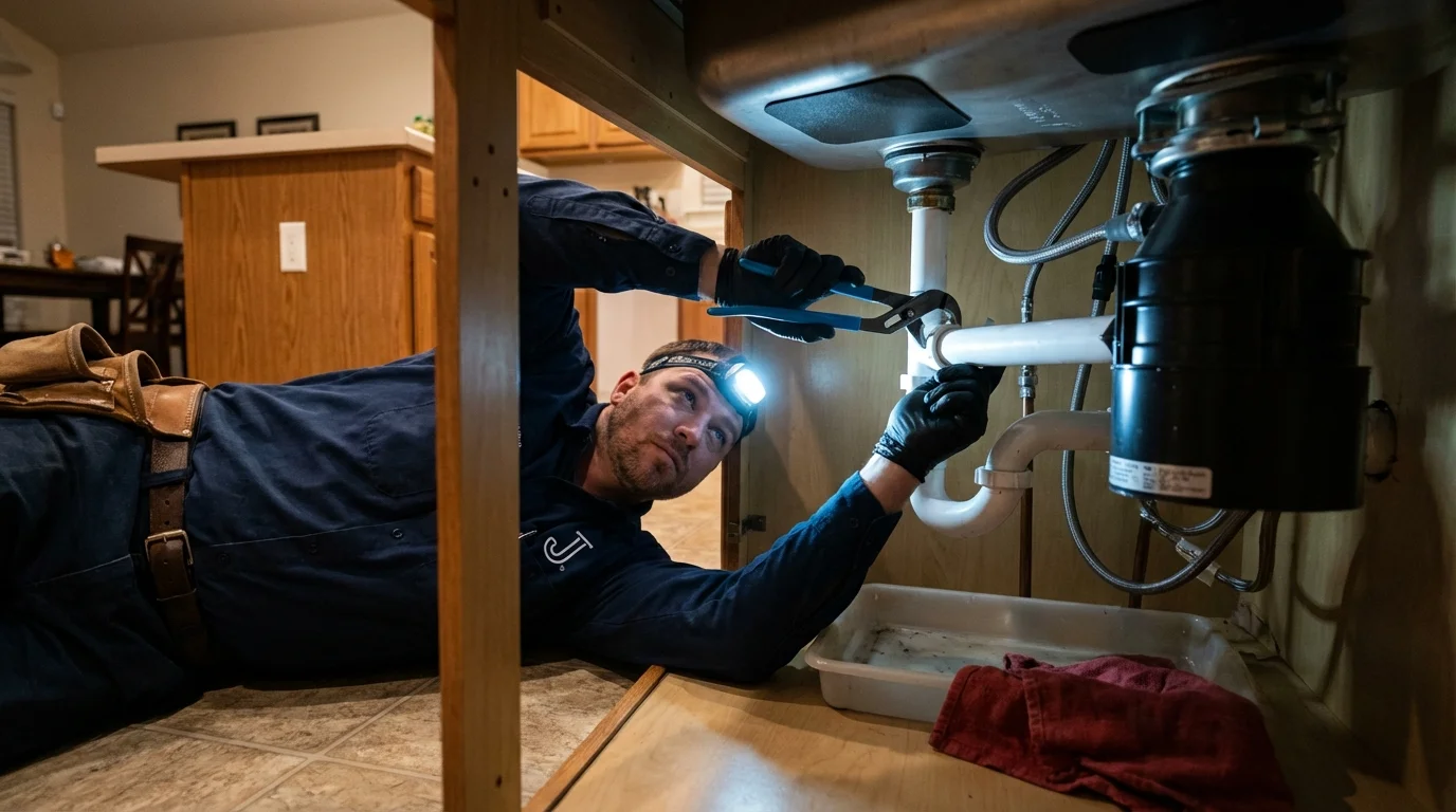 P-trap and supply line connections under a kitchen sink showing a common leak point in Virden, IL